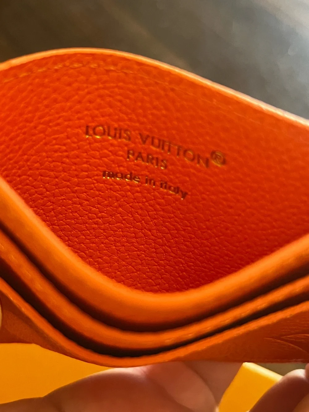 🧡 Louis. Vuitton. Vibrant Orange Gold Tone Charm Letter Monogram Card Holder